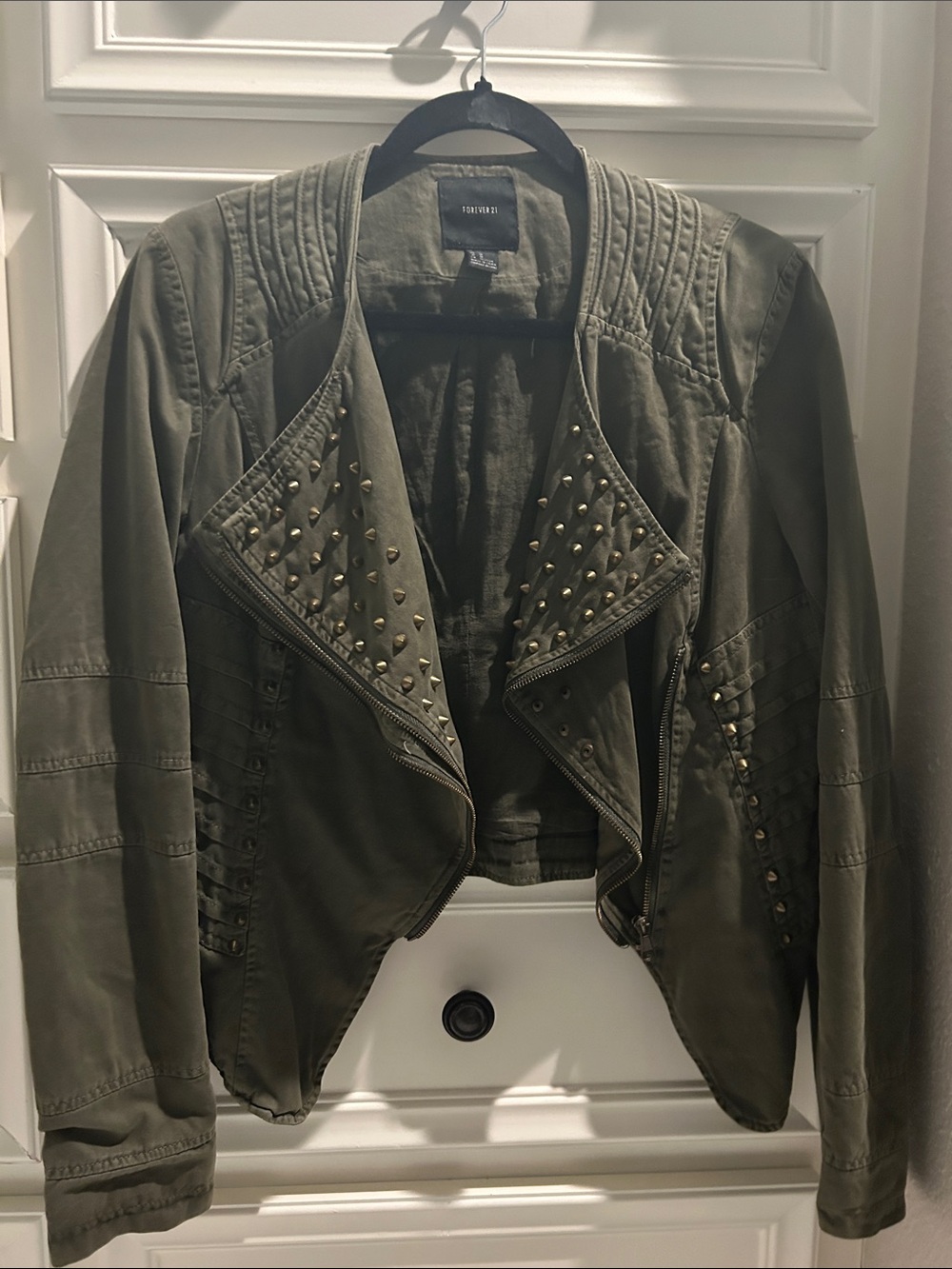Forever 21 Olive Studded Cropped Moto Jacket
